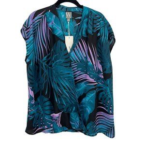 Worthington NEW Palm Leaf Print Should Sleeve Blouse Black Green Purple - XXL